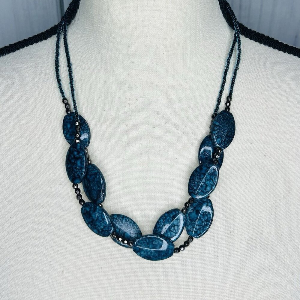 Blue Agate 21" Oval Beaded Double Strand Necklace Adjustable